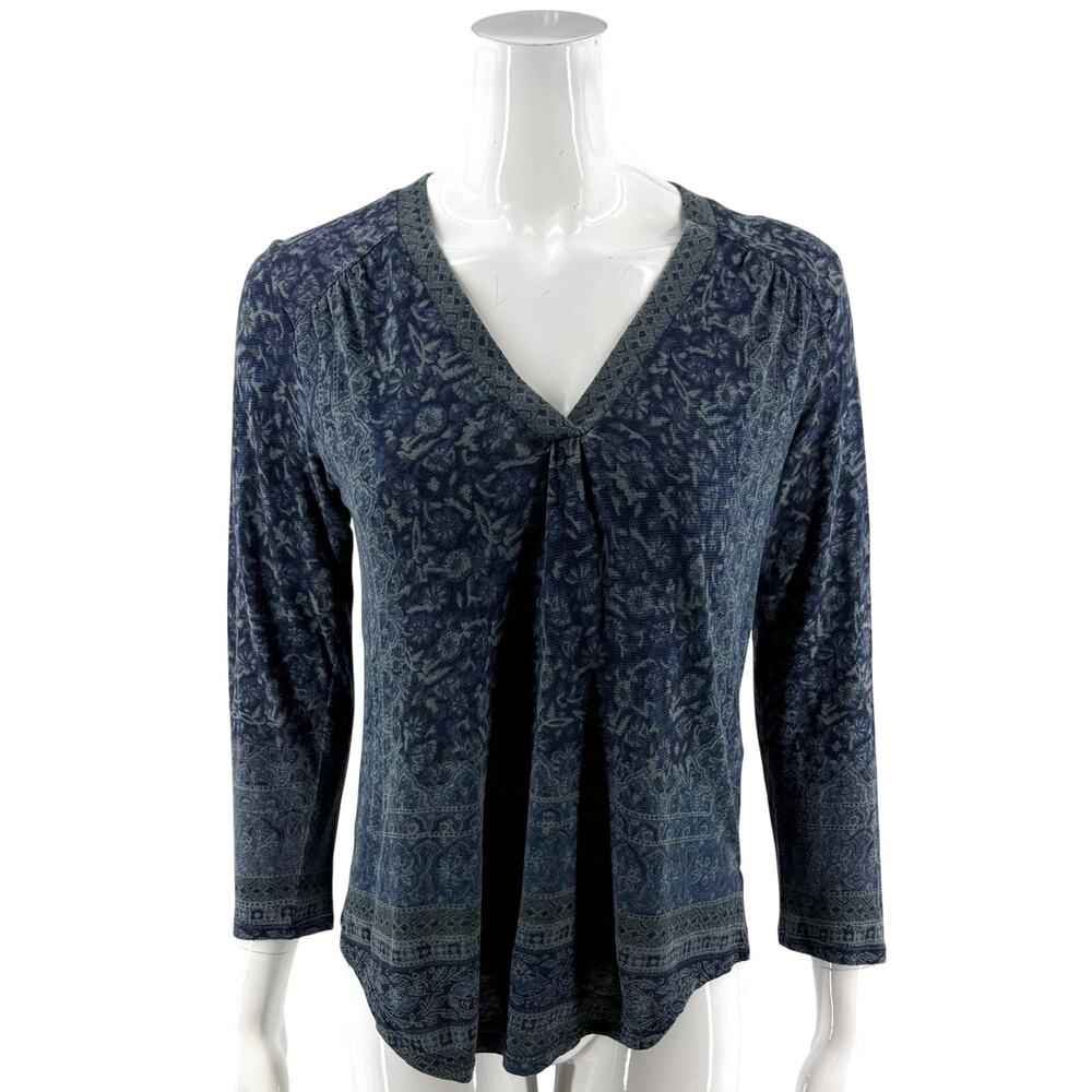 Lucky Brand Womens Top Size Small Blue V Neck Boho Printed Knit 3/4 Sleeve